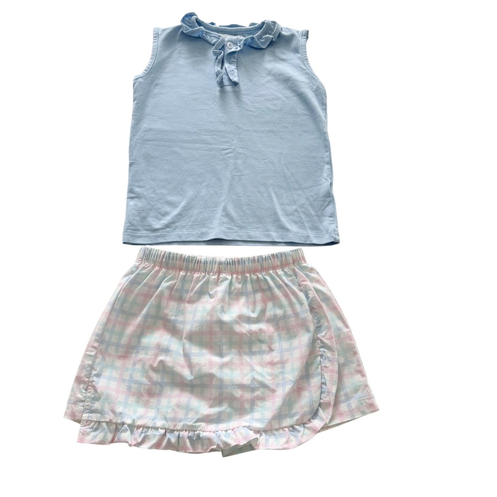 The Oaks Apparel Company Skort Set Girls‎ 3Y Blue Plaid Ruffle Preppy 2pc Set